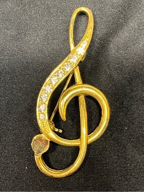 Gold Tone Treble Clef Brooch with Crystal Accents - Women Jewelry